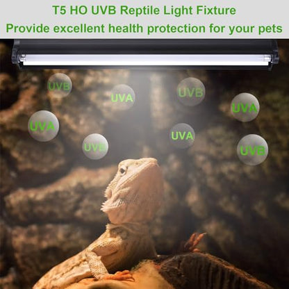 Aiicioo T5 HO UVB Reptile Light Fixture 5.0 8W Light Combo Kit 12 Inch Light Fixture Reptile Terrarium Hood with 8W Reptile Light Bar for Bearded Dragon Lizards Turtle Tank - size: 5.0 8W 12Inch