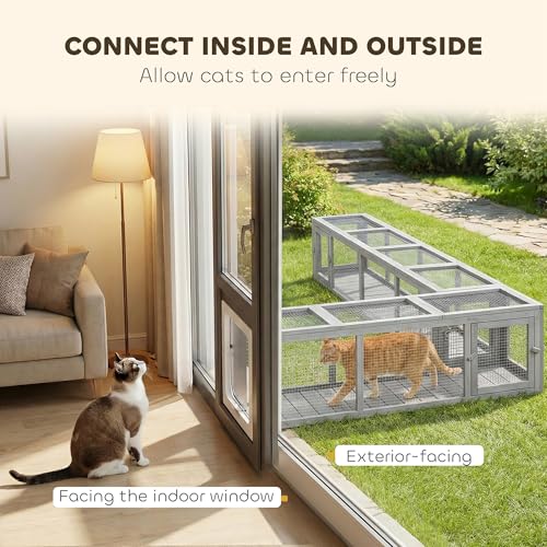 PawHut Outdoor Cat Tunnel with Extendable Design, 79" L Wooden Cat Run with Weather Protection, Connecting Inside and Outside, for Deck Patios, Balconies, Dark Gray
