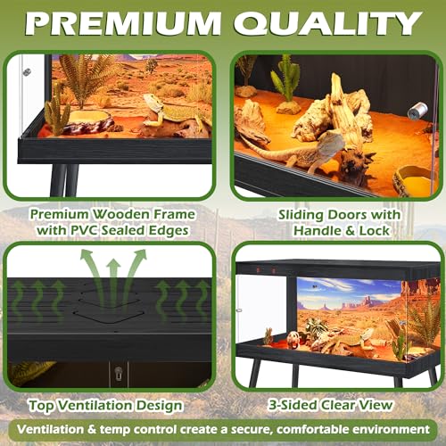 Royxen Bearded Dragon Tank, 36 Gallon Reptile Tank with Leg Stand,Built-in Lighting Reptile Enclosure, Tempered Glass Bearded Dragon Encloure for Chameleon (Black,32"x 16"x 16") - color: Black, size: 36 Gallons,32"x16"x16"