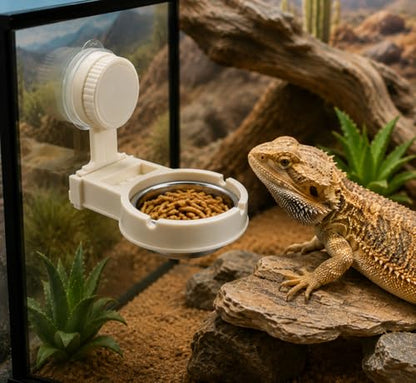 Reptile Feeding Ledge with Suction Cup, Removable Stainless Steel Bowl Feeder, Aquarium Terrarium Food Water Dish Accessory for Gecko Chameleon Bearded Dragon Lizard