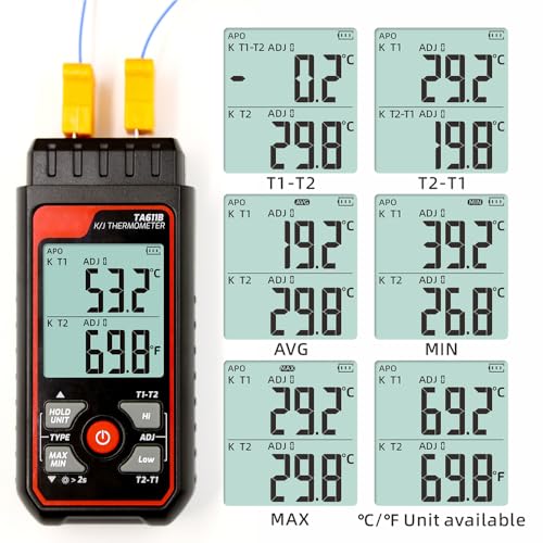 Digital Thermocouple Thermometer Dual-Channel K/J Type Thermometer -328~2501℉ Wide Range Industrial HVAC Temperature Meter with 4PCS of K-Type Thermocouple Probes, Alarm,Temp Conpensation