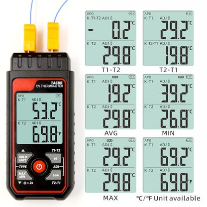 Digital Thermocouple Thermometer Dual-Channel K/J Type Thermometer -328~2501℉ Wide Range Industrial HVAC Temperature Meter with 4PCS of K-Type Thermocouple Probes, Alarm,Temp Conpensation
