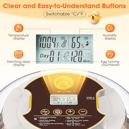 18 Egg Incubator with Automatic Egg Turning & Humidity Control, Built-in Egg Candler, 360° View Window & Dual-Size Trays for Chicken, Duck, Quail, Goose Eggs – Ideal for Farm, Classroom, Home