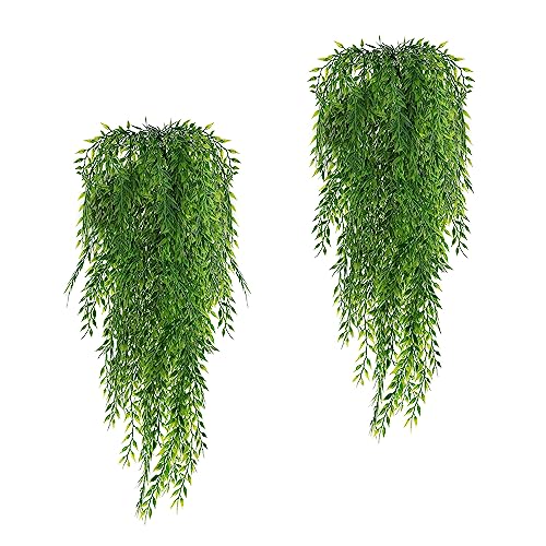 Fake Garland Hanging Vines 4 PC Artificial Weeping Willow Leaves Fake Greenery Faux Plants Realistic Home Office Decoration Indoor Outdoor (Green) - color: Green