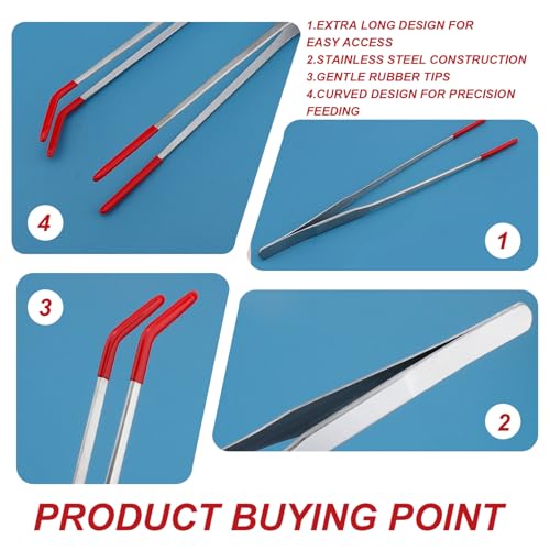 Feeding Tongs, 15 Inch Extra Long Stainless Steel Aquarium Tongs with Rubber Tip, Curved Long Tweezers Terrarium Feeder Tool for Reptile Tank Accessories