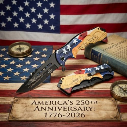 Snake Eye Tactical 8.5" Heavy Duty Folding Pocket Knife – Black Reverse Tanto Half Serrated 3CR13 Steel Blade, Printed Metal 'We the People' Constitution Handle with Pocket Clip, 250th Anniversary Edition - color: Brown & Black