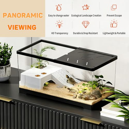 Aquatic Turtle Fish Tank 24" x 10" x 11", 11 Gallon Reptile Terrarium with Basking Platform & Bottom Drainage, PC Material Habitat Enclosure for Juvenile Turtle, Crayfish, Crab, Amphibian - size: 24" x 10" x 11"