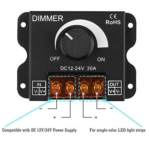SUPERNIGHT LED Light Strip Dimmer, DC12V-24V 30A PWM Dimming Controller for Dimmer Knob Adjust Brightness ON/Off Switch with Aluminum Housing