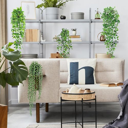 USLAI Artificial Hanging Plants Vine, Fake Potted Greenery Faux Eucalyptus, Mandala, String of Pearls, Pea Pod Leaves in Pot for Office Living Room Bathroom Indoor Outdoor Décor (4 Pack) - size: 4 Pack