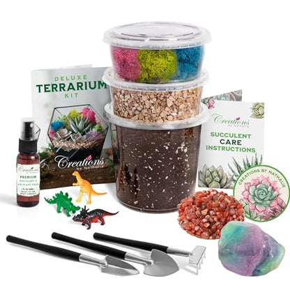 Creations by Nathalie DIY Terrarium Starter Kit - Small Terrarium Kit with Moss, Soil, Pebbles, Tools, Crystals & Figurines - Fun Gardening Craft Supplies for Adults & Teens - Handcrafted in USA