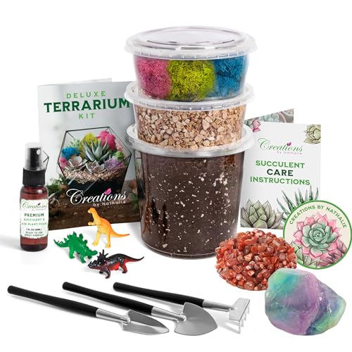 Creations by Nathalie DIY Terrarium Starter Kit - Small Terrarium Kit with Moss, Soil, Pebbles, Tools, Crystals & Figurines - Fun Gardening Craft Supplies for Adults & Teens - Handcrafted in USA