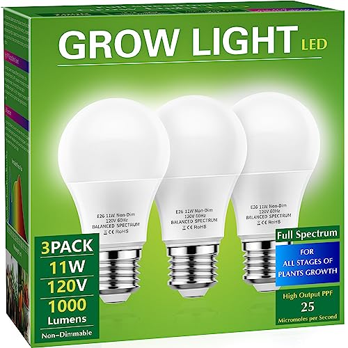 Briignite Full Spectrum LED Grow Light Bulb - A19 E26 Base, 11W (100W Equivalent) - for Indoor Plants, Seed Starting - 3 Pack - color: White, size: 3 Count (Pack of 1)