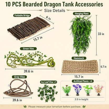RUNANIA Bearded Dragon Tank Accessories, 10 PCS Reptile Hammock Plants Bridge Jungle Climber Vines for Snakes Bearded Dragon Chameleon Gecko Lizard - color: 10 Pcs