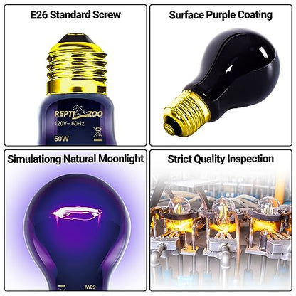 REPTI ZOO 2PCS Reptile Night Heat Lamp, 50W Moonlight Heat Bulb Infrared Heating Light Purple Reptile Heat Lamp Night Bulb for Bearded Dragon, Lizard, Snake, Turtle - style: 50W Night Heat Lamp