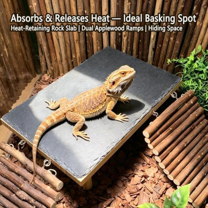 Bearded Dragon Basking Platform with Climbing Ramp,Reptile Basking Rock Slate Stone,Wood Lizard Resting Platform Hide Cave Tank Accessories for Gecko Tortoise Snake Frog(XL) - size: XL: 13.78"x 7.87"x 4.56"