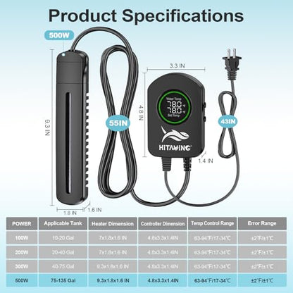 HiTauing Aquarium Heater, 100W/200W/300W/500W Fish Tank Heater with Upgraded LED Large Display, Up/Down Control Buttons and Intelligent Leaving Water Automatic Power-Off for Saltwater and Freshwater - size: 500W for 75-135 Gallon