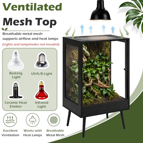 PROLEE 24" x 18" x 36" Tall Reptile Terrarium with Leg Stand, 65 Gallon Vertical Glass Chameleon Cage with Front Opening Doors, Ventilated Mesh Top, Rainforest Habitat for Arboreal Reptiles, Black - size: 24" L x 18" W x 36" H, 65 Gallon