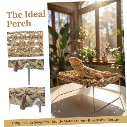 VICASKY Bearded Dragon Lounger and Reptile Hammock with Sea Grass Bed Mat, Rectangle Basking Platform with Metal Legs for Snake Habitat Accessories and Climbing Decor