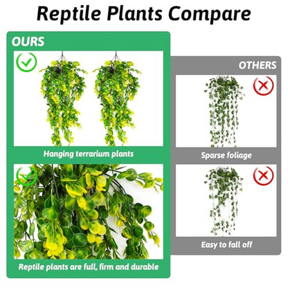 Hamiledyi 4 PCS Reptile Plants Hanging Terrarium Plants Artificial Leaves Habitat Decorations with Suction Cup Green and Yellow Fake Amphibian Plants for Bearded Dragon Lizard Geckos Chameleon - size: 4 PCS