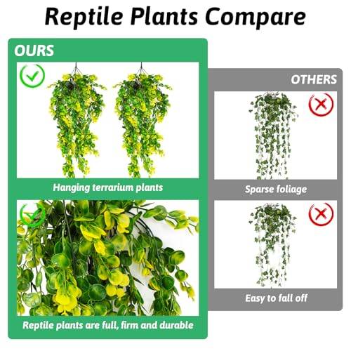 Hamiledyi 6 PCS Reptile Plants Hanging Terrarium Plants Artificial Leaves Habitat Decorations with Suction Cup Green and Yellow Fake Amphibian Plants for Bearded Dragon Lizard Geckos Chameleon - size: 6 PCS