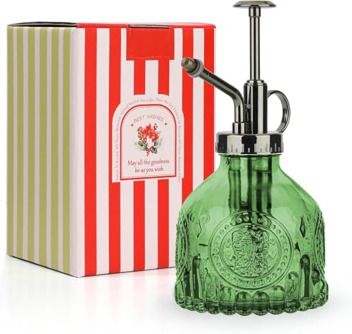 T4U Glass Plant Mister 200ML, Vintage Spray Bottle with Top Pump, Fine Mist Garden Flower Sprayer Small Decorative Spritzer Watering Can Gift for Indoor Outdoor Succulent House Plant (Green) - color: Green