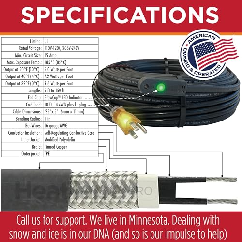 RADIANT SOLUTIONS HeatTapePro - Intelligent Commercial Grade Self-Regulating Heat Cable with GlowCap™ - 10 YR warranty - Ice Dam & Pipe Freeze Protection - 18 ft cable + 10 Ft Cord, 120V, 6 watts/Ft - style: Heat Tape Pro (18 FT)