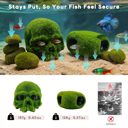 SNAIL GARDEN 8pcs Aquarium Decor, 4.5" Realistic Moss Skull Hideout & Mossy Rock Reptile Cave with 6pcs Algae Balls,Resin Fish Tank Decorations Shrimp Cave Aquarium Betta Fish Hiedout Reptile Habitat
