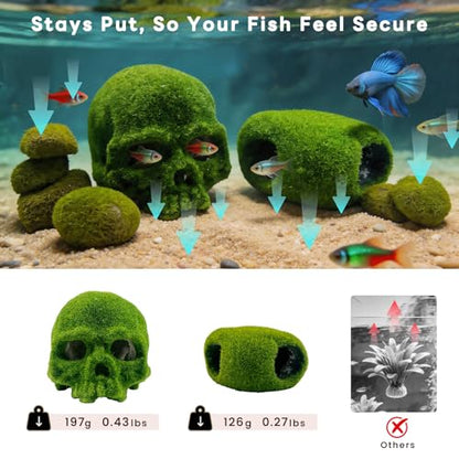 SNAIL GARDEN 8pcs Aquarium Decor, 4.5" Realistic Moss Skull Hideout & Mossy Rock Reptile Cave with 6pcs Algae Balls,Resin Fish Tank Decorations Shrimp Cave Aquarium Betta Fish Hiedout Reptile Habitat