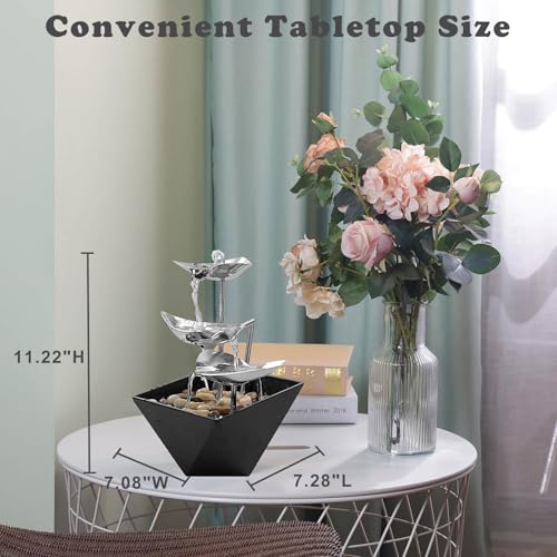 Tabletop Water Fountain Indoor - Handcrafted 3-Tier Waterfall 304 Metal | Easy "+" "-" On/Off Switch, Quiet Pump, Zen Relaxation for Office, Living Room, or Bedroom, Durable Desktop Fountain - color: Black