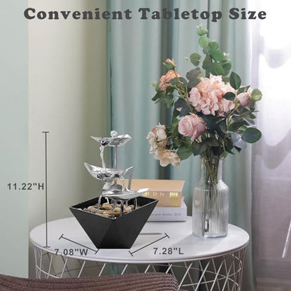 Tabletop Water Fountain Indoor - Handcrafted 3-Tier Waterfall 304 Metal | Easy "+" "-" On/Off Switch, Quiet Pump, Zen Relaxation for Office, Living Room, or Bedroom, Durable Desktop Fountain - color: Black