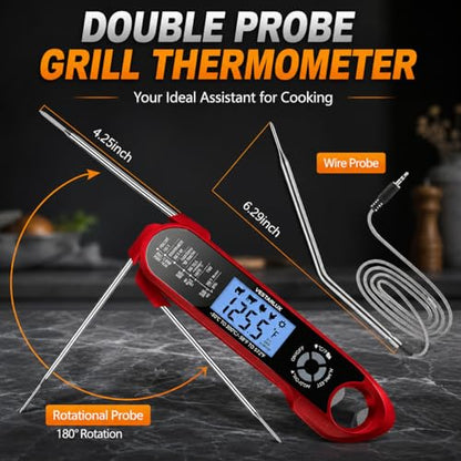 Digital Instant Read Meat Thermometer Waterproof Kitchen Food Cooking Thermometer Dual Probes Backlight, Alarm, °F/°C for BBQ Grill Smoker Steak Turkey Frying Baking Oven Water Oil