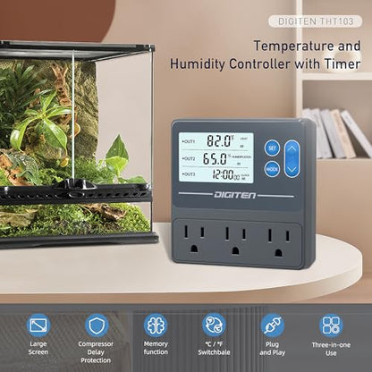 DIGITEN Reptile Temp & Humidity Controller, Timer Outlet, Day-Night Thermostat, 3-Stage Outlet Plug in Temperature Controller for Reptile, Mushroom, Homebrew