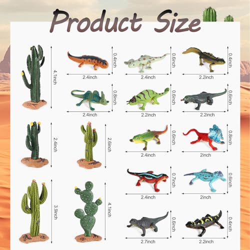 EOIVSH Desert Animal Figurines, 17pcs Model Trees Cactus Kit with Lizard Figures for Kids Toddlers, Reptile Toy Playset for Diorama Project Cake Topper Decorations