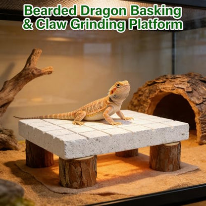 Bearded Dragon Shedding Rock, Bearded Dragon Basking Platform with Calcium Stone & Wooden Pile, Reptile Claw Grinding Block for Dead Skin Removal, Bearded Dragon Tank Accessories for Terrarium Habitat