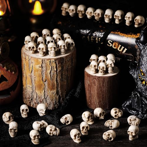 Arrowbash 100 Pcs Mini Skull Figurines Bulk Small Halloween Skeleton Head Statues Miniature Resin Skull Decoration Realistic Fake Human Skeleton Head Figure for Halloween Party Favors Home Table Decor - style: Skull
