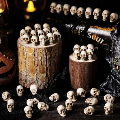 Arrowbash 100 Pcs Mini Skull Figurines Bulk Small Halloween Skeleton Head Statues Miniature Resin Skull Decoration Realistic Fake Human Skeleton Head Figure for Halloween Party Favors Home Table Decor - style: Skull