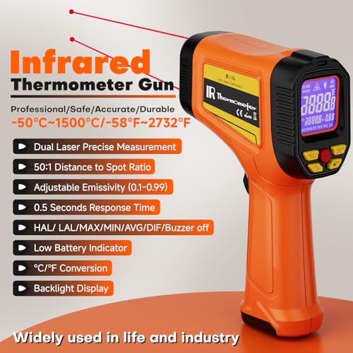 Dual-Laser Infrared Thermometer, -58°F to 2732°F (-50°C to 1500°C) Temperature Gun, 50:1 Non-Contact Temp Gun for Metal Smelting, Furnace, HVAC, Pizza Oven & Engine Diagnostics - color: -58°F to 2732°F ，Dual-Laser