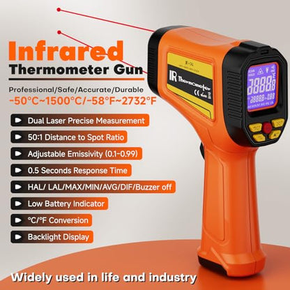 Dual-Laser Infrared Thermometer, -58°F to 2732°F (-50°C to 1500°C) Temperature Gun, 50:1 Non-Contact Temp Gun for Metal Smelting, Furnace, HVAC, Pizza Oven & Engine Diagnostics - color: -58°F to 2732°F ，Dual-Laser