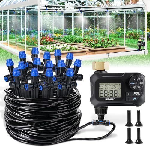 HIRALIY 59FT Drip Irrigation Kit with Water Timer, Quick-Connect Garden Watering System with 15 Adjustable Misting Nozzles, 1/4 in Tubing for Greenhouse, Hanging Plants & Raised Beds - size: 59 feet