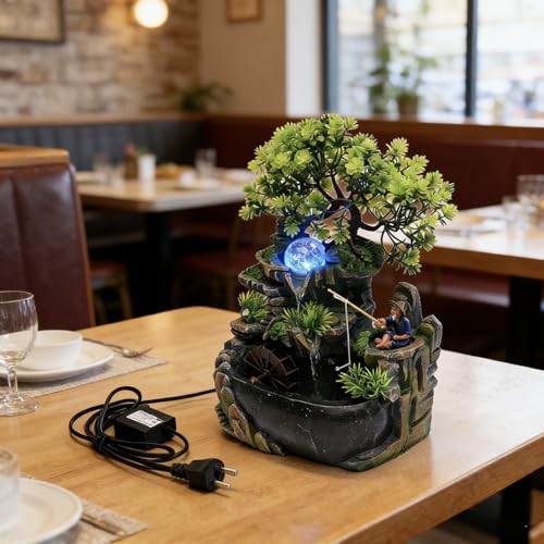 11.81in Rockery Tabletop Fountain Indoor Waterfall Fake Bonsai Desk Decor | Feature Mini Water Fountain Desktop Decor Humidifier with Pump and LED Light, Home Office Bedroom Relaxing (No Atomizer)