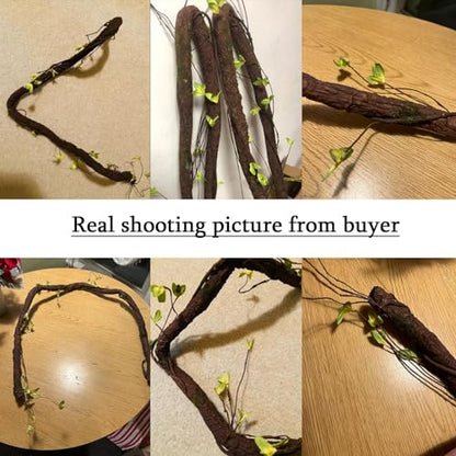 63in Bendable Thick Artificial Tree Branches Faux Wood Tree Trunk Twigs Grapevines Moss Plants Garland With Green Leaves For Wall Hanging Reptile Climbing Halloween Outdoor Arch Home Garden Decoration