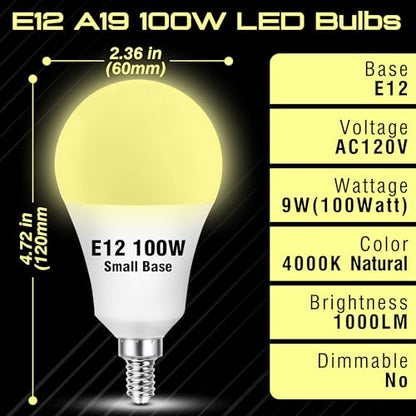 E12 LED Candelabra Bulb 100Watt Equivalent, 4000K Natural White, E12 A19 LED Ceiling Fan Light Bulbs A60 Globe Shape for Chandelier Pendant Wall Sconces Lighting, 9W 1000LM, Non-Dimmable, 2 Pack - color: 4000k Natural White, size: 100 Watts