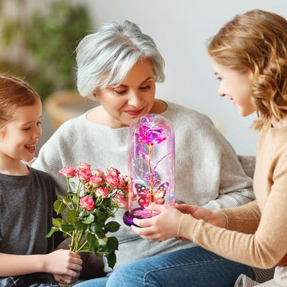 Mothers Day Mom Gifts for Mom Women Birthday Gift Galaxy Glass Rose in Glass Dome Forever Eternal Crystal Flowers with Butterfly Mother's Day Flowers Gifts for Women Wife Grandma Daughter Sister Pink - color: D Pink