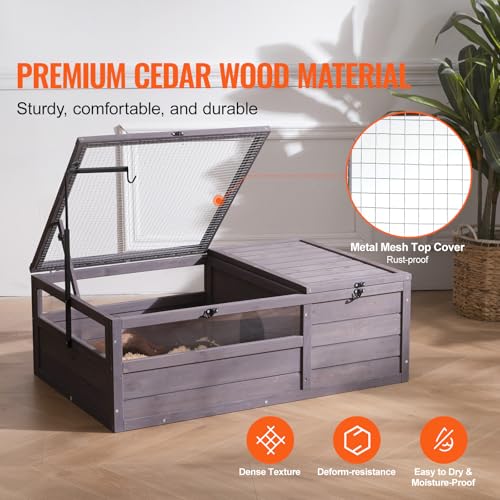 Happybuy Tortoise Habitat, Wooden Tortoise House Indoor & Outdoor, Tortoise Enclosure with Adjustable Lamp Holder, 2-Room Reptile Enclosure Small Animal Cage for Gecko, Lizard, Snake 38x24x13 inch