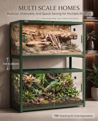 68 Gallon Reptile Tank, Reptile Enclosure Front Sliding Door | Stackable ventilation reptile terrariums Tank anti-escape locks and no-fingerprint handles maximizes UVB transmissionn - color: Green, size: 68 Gallon