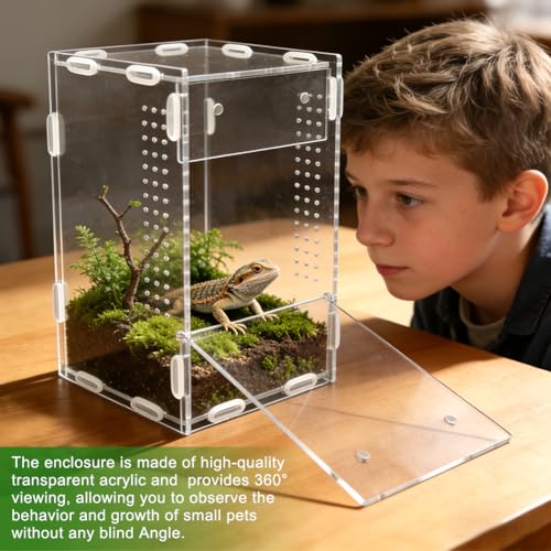 Acrylic Jumping Spider Enclosure, Reptile Enclosure, Ventilated Terrarium Cage with Front Opening Door, Habitat for Tarantulas, Mantis, Hermit Crabs & Small Pets, 4.7"X4.7"X8" (Color:Clear)