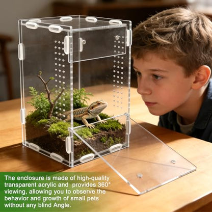 Acrylic Jumping Spider Enclosure, Reptile Enclosure, Ventilated Terrarium Cage with Front Opening Door, Habitat for Tarantulas, Mantis, Hermit Crabs & Small Pets, 4.7"X4.7"X8" (Color:Clear)