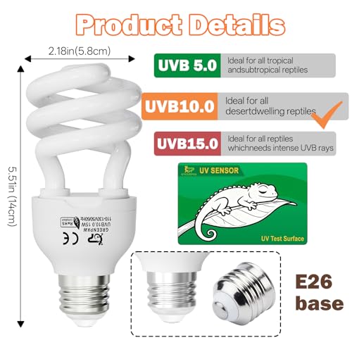 UVB Reptile Light Bulb 10.0: Bearded Dragon 15W Reptile UVB Light 2 Pack, UVA UVB Light for Reptiles Terrarium Compact Fluorescent Lamp, Desert UVB Bulb for Tortoise, Lizard - with UV Sensor Card - size: 5.5INCH-10.0