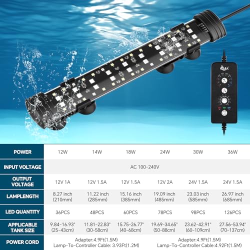 AQQA Submersible LED Aquarium Light, 24/7 Mode Full Spectrum Fish Tank Light, 4 Rows Beads with 9 Colors Choice, IP68 Waterproof Aquarium Plant Light, Adjustable Brightness Timer, 7 Adjustable Angle - size: 11.22In ( For 11.81''-22.83'' Length Fish Tank)
