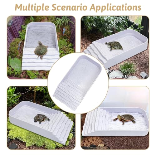 PINVNBY Reptile Bathing Pool Plastic Tortoise Food Dish with Ramp Leaf Reptile Food Dish & Water Bowl Tortoise Habitat Accessories for Frog Lizard Box Turtle (White)
